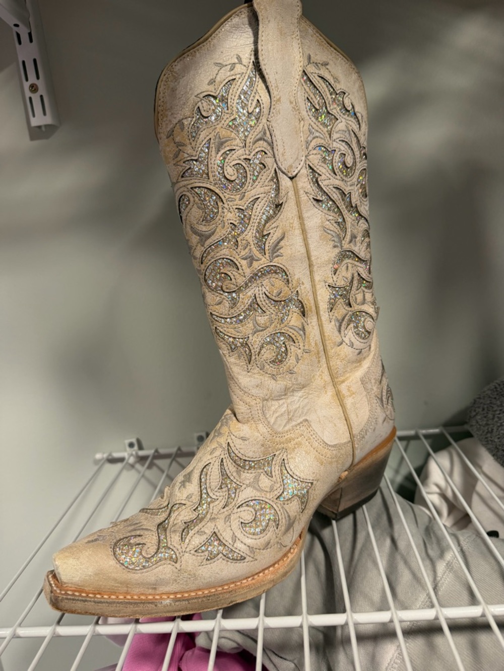 J.B. Dillon Cream Lace-Up Western Boots with Glitter Inlay